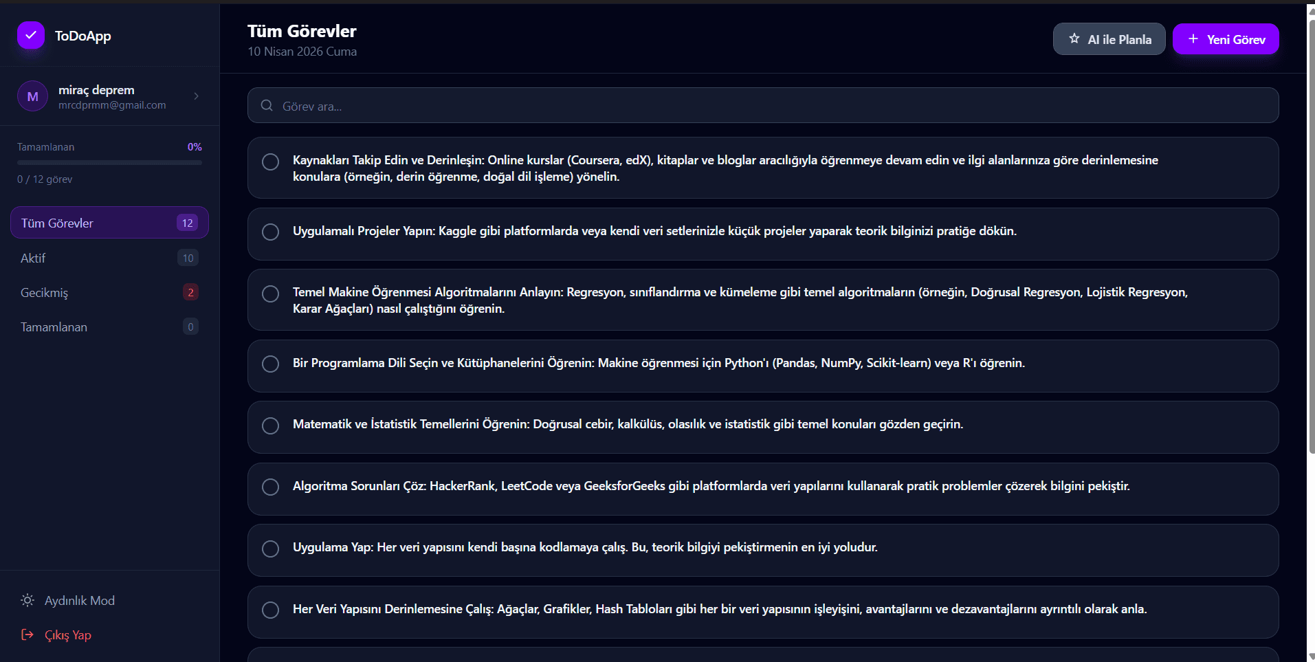 AI Entegreli To Do App